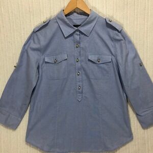 Talbots Button Down Shirt‎ 3/4 Sleeve Military Style Pockets Blue Women's Size M